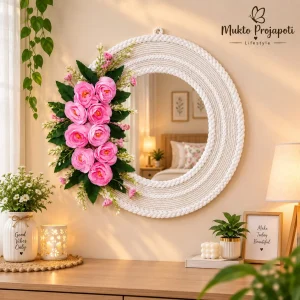 Handmade Rope & Pink Floral Wall Mirror