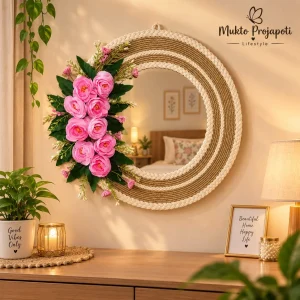 Handmade Rope & Pink Floral Wall Mirror